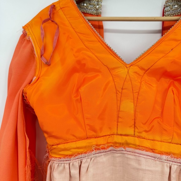 Vintage 60s Coral Highlighter Neon Babydoll Mini Dress Gold White Woven Trim - Picture 9 of 15